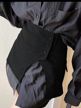 Asymmetric Black Pinstripe High-Waist Skirt Belt
